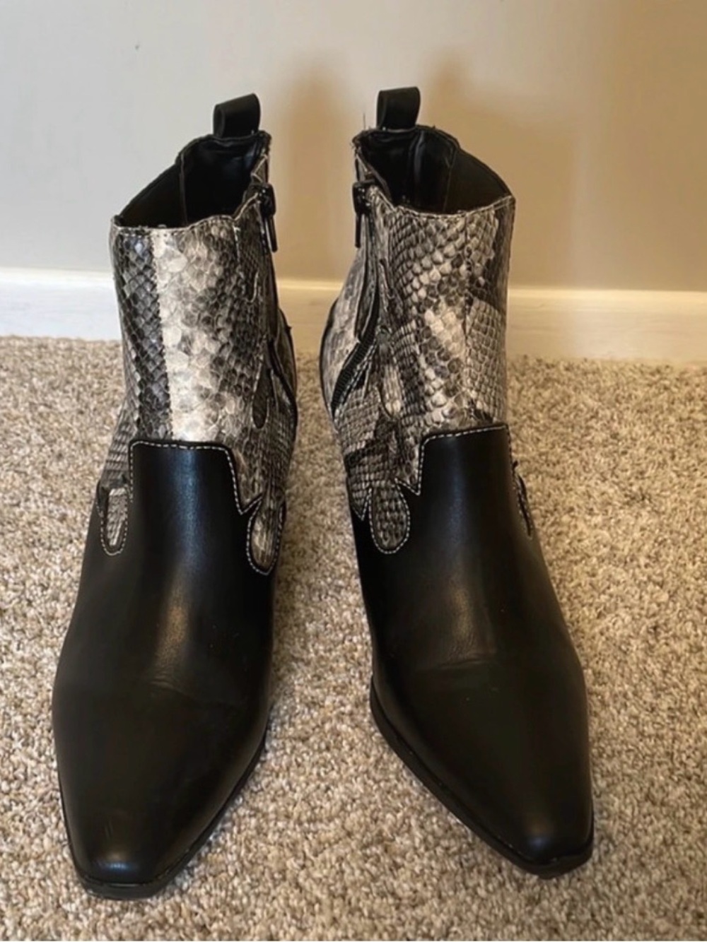JustFab Black Pointed Toe Ankle Boots with Gray Snake-Print Shaft